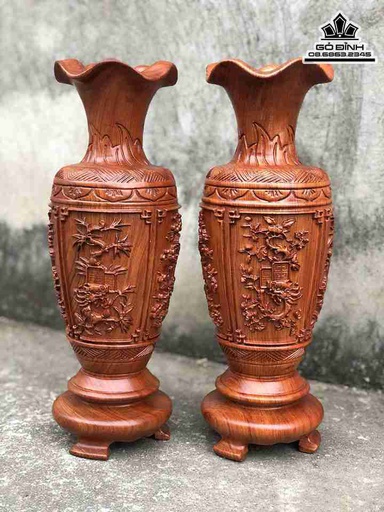 Cặp Lục Bình Tứ Quý Gỗ Hương  Cao 39 Đường Kính 13 (cm)