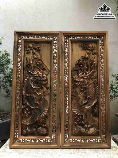 Tranh Cá Chép Hóa Rồng Gỗ Bách Xanh  Cao 120 Ngang 50 Dày 8 (cm)