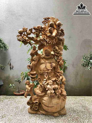 Tượng Phật Di Lặc Vác Cành Đào Gỗ Ngọc Am  Cao 78 Ngang 43 Sâu 30 (cm)