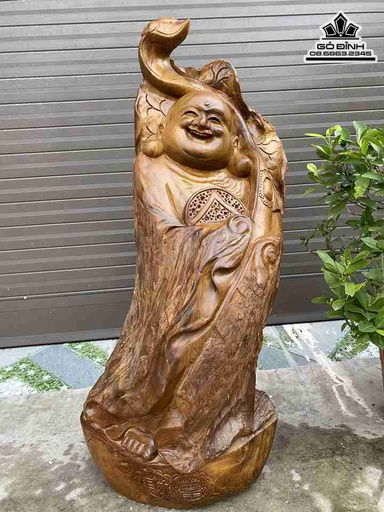 Tượng Phật Di Lặc Vác Gậy Như Ý Gỗ Bách Xanh  Cao 79 Ngang 35 Sâu 23 (cm)