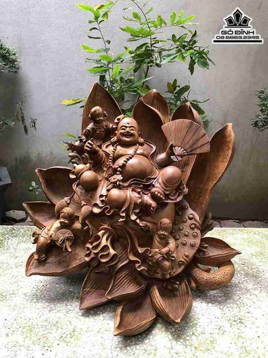 Tượng Phật Di Lặc Ngồi Đài Sen Gỗ Bách Xanh  Cao 56 Ngang 63 Sâu 50 (cm)