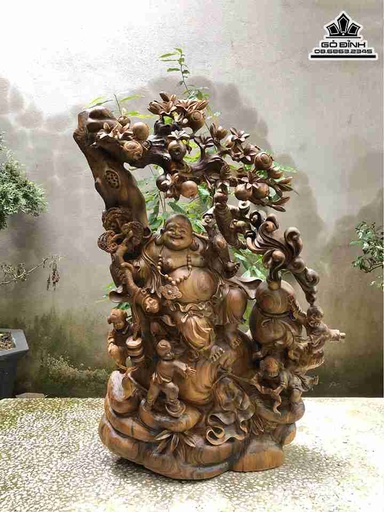 Tượng Phật Di Lặc Ngồi Gốc Đào Gỗ Bách Xanh  Cao 76 Ngang 55 Sâu 20 (cm)