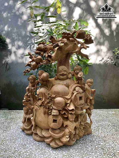 Tượng Phật Di Lặc Ngồi Gốc Đào Gỗ Ngọc Am  Cao 56 Ngang 40 Sâu 25 (cm)