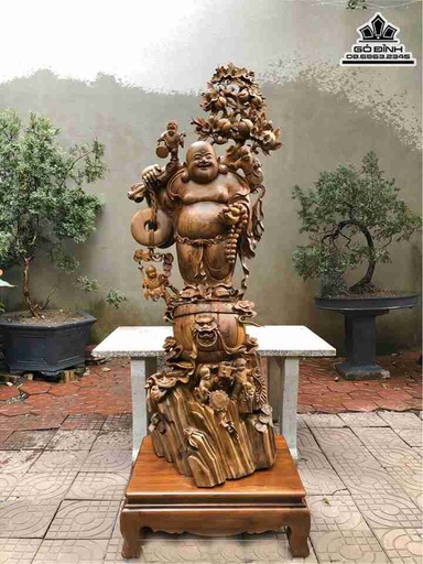 Tượng Phật Di Lặc Vác Cành Đào Gỗ Bách Xanh Cao 165 Ngang 60 Sâu 43 (cm)