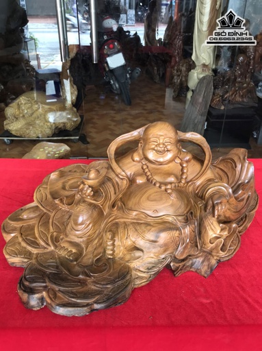 Tượng Phật Di Lặc Gỗ Bách Xanh Cao 26 Ngang 63 Sâu 40 (cm)