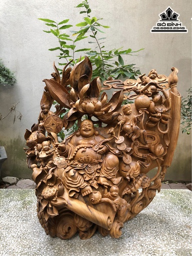 Tượng Phật Di Lặc Ngồi Đài Sen Gỗ Bách Xanh Cao 75 Ngang 72 Sâu 35 (cm)