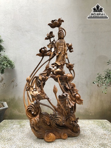 Tượng Phật Bà Quan Âm Gỗ Bách Xanh Cao 113 Ngang 58 Sâu 34 (cm)