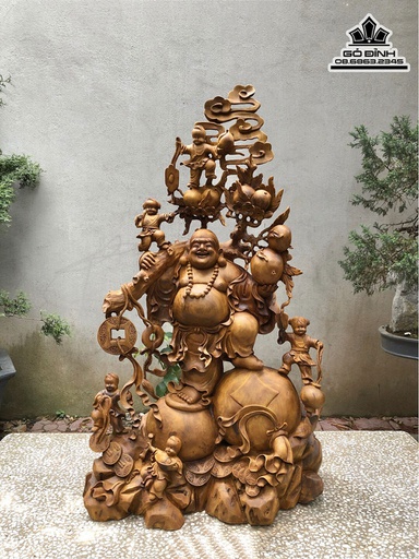 Tượng Phật Di Lặc Vác Cành Đào Gỗ Xá Xị (Gù Hương) Cao 92 Ngang 52 Sâu 25 (cm)