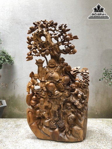 Tượng Di Lặc Ngũ Phúc Gỗ Bách Xanh Cao 86 Ngang 50 Sâu 25 (cm)