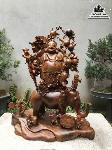 Tượng Phật Di Lặc Cửu Phúc Gỗ Xá Xị (GùHương) Cao 100 Ngang 80 Sâu 40 (cm)