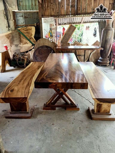 Bộ Bàn Ghế Gỗ Me Tây Dài 209 Rộng 73 Dày 10 (cm)