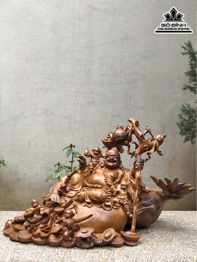 Tương Phật Di Lặc Ngôi Bao Tiền Gỗ Bách Xanh Cao 55 Ngang 90 Sâu 45 (cm)