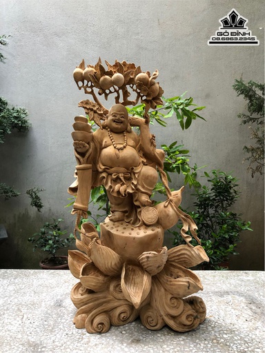 Tượng Phật Di Lặc Vác Cành Đào Gỗ Ngọc Am Cao 72 Ngang 36 Sâu 20 (cm)