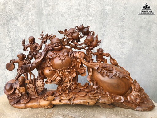 Tượng Phật Di Lặc Kéo Bao Tiền Gỗ Xá Xị (Gù Hương) Cao 56 Ngang 100 Sâu 22 (cm)