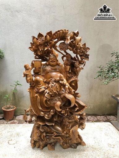 Tượng Phật Di Lặc Ngồi Đài Sen Gỗ Bách Xanh Cao 88 Ngang 46 Sâu 32 (cm)