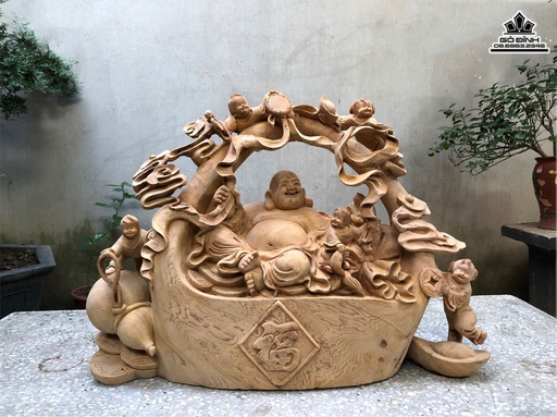 Tượng Phật Di Lặc Ngũ Phúc Gỗ Ngọc Am Cao 45 Ngang 62 Sâu 22 (cm)