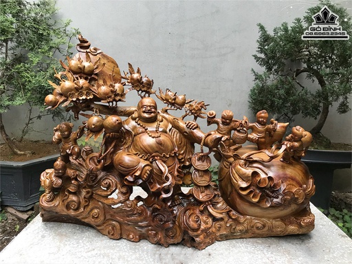 Tượng Phật Di Lặc Ngũ Phúc Gỗ Hương Cao 71 Ngang 110 Sâu 34 (cm)