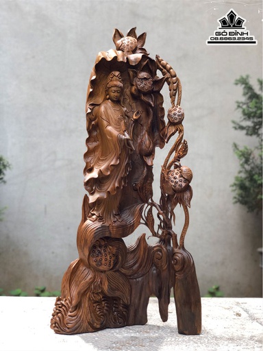 Tượng Phật Quan Âm Gỗ Bách Xanh Cao 90 Ngang 43 Sâu 16 (cm)