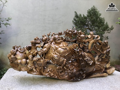 Tượng Phật Di Lặc Gỗ Bách Xanh Cao 46 Ngang 100 Sâu 25 (cm)