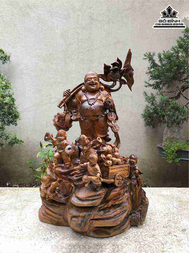 Tượng Phật Di Lặc Ngũ Phúc Gỗ Bách Xanh  Cao 70 Ngang 43 Sâu 42 (cm)