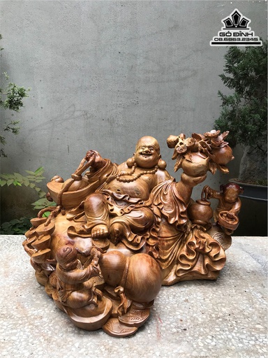 Tượng Di Lặc Tam Phúc Gỗ Hương Cao 38 Ngang 56 Sâu 48 (cm)