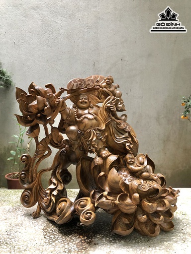 Tượng Phật Di Lặc Tam Phúc Gỗ Bách Xanh Cao 52 Ngang 60 Sâu 32 (cm)