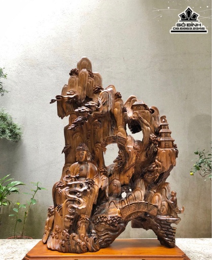 Tượng Nhất Tam Bái Phật Gỗ Bách Xanh Cao 76 Ngang  55 Sâu 20 (cm)