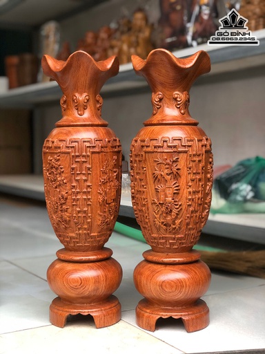 Cặp Lục Bình Chạm Tứ Quý Gỗ Hương Cao 40 Đường Kính 14 (cm)