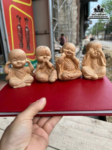 Bộ Tượng Chú Tiểu Tứ Không Gỗ Bách Xanh  Xanh Cao 8 (cm)