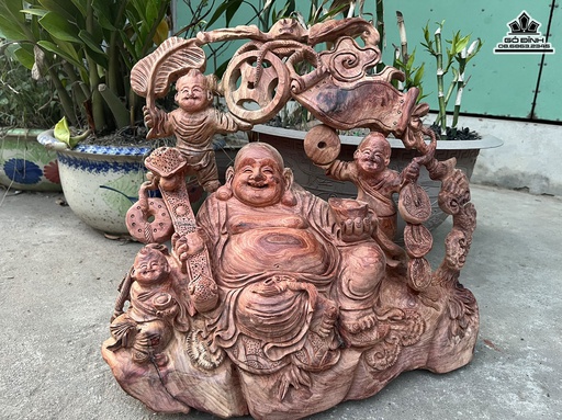 Tượng Phật Di Lặc Di Lặc Tam Phúc Gỗ Hương Cao 45 Ngang 50 Sâu 20 (cm)