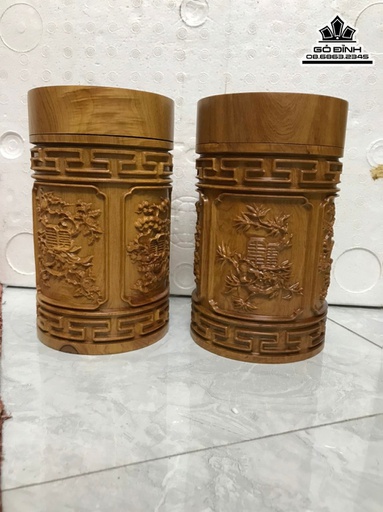 Hộp Chè Tứ Quý Gỗ Bách Xanh Cao 19.5 Đường Kính 11.5(cm)