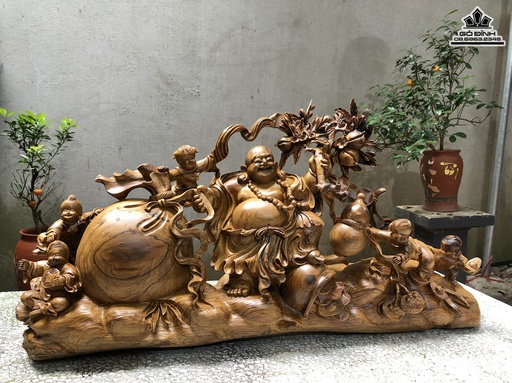 Tượng Phật Di Lặc Ngũ Phúc kéo Bao Tiền Gỗ Bách Xanh Cao 43 Ngang 83 Sâu 23 (cm)