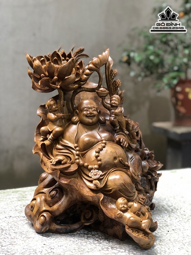 Tượng Phật Di Lặc Tam Phúc Gỗ Bách Xanh Cao 45 Ngang 40 Sâu 36 (cm)