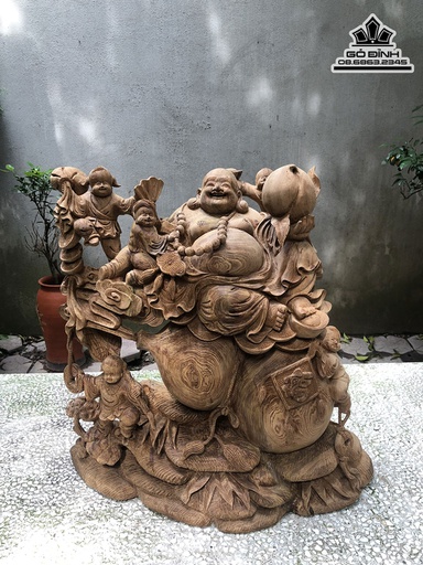 Tượng Phât Di Lặc Ngũ Phúc Cầm Trái Đào Gỗ Ngọc Am Cao 52 Ngang 55 Sâu 28 (cm)