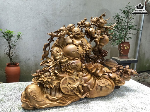 Tượng Di Lặc Ngũ Phúc Gỗ Bách Xanh Cao 60 Ngang 82 Sâu 32 (cm)