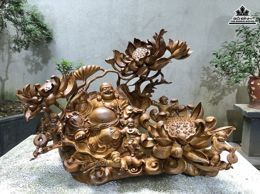 Tượng Phật Di Lặc Ngũ Phúc Ngồi Hoa Sen Gỗ Bách Xanh Cao 60 Ngang 80 Sâu 34 (cm)