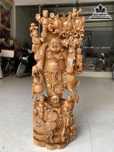 Tượng Phật Di Lặc Ngũ Phúc Đứng Bao Tiền Vác Cành Đào Gỗ Ngọc Am Cao 100 Ngang 40 Sâu 20 (cm)