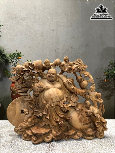 Tượng Phật Di Lặc Ngũ Phúc Vác Cành Đào Gỗ Ngọc Am Cao 65 Ngang 68 Sâu 20 (cm)