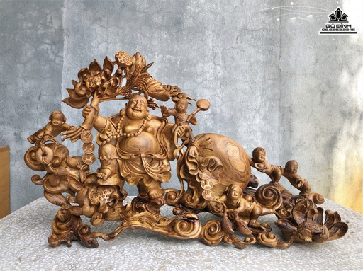 Tượng Phật Di Lặc Ngũ Phúc Cầm Hoa Sen Gỗ Nu Hương Cao 52 Ngang 86 Sâu 30 (cm)