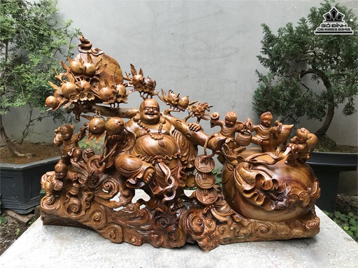 Tượng Di Lặc Ngũ Phúc Gỗ Bách Xanh Cao 38 Ngang 78 Sâu 24 (cm)