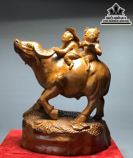 Tượng Tiểu Đông Chăn Trâu Gỗ Ngọc Am Liền Khối Cao 47 Ngang 36 Sâu 30 (cm)