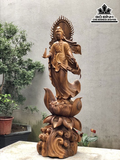 Tượng Phật Quan Âm Gỗ Bách Xanh Cao 128 Ngang 40 Sâu 31 (cm)
