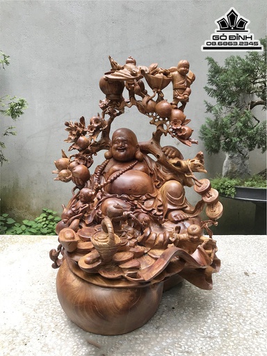 Tượng Phật Di Lặc Vác Cành Đào Gỗ Hương Cao 70 Ngang 62 Sâu 52 (cm