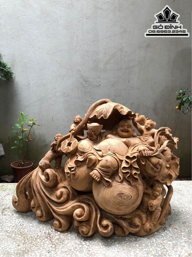 Tương Phật Di Lặc Ngũ Phúc Gỗ Ngọc Am Cao 48 Ngang 70 Sâu 30 (cm)