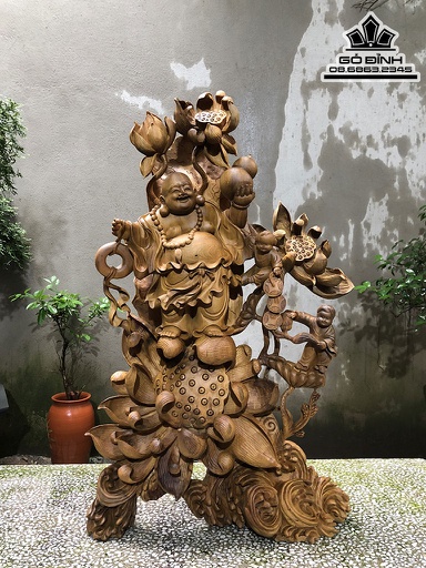 Tượng Phật Di Lặc Đứng Sen Gỗ Bách Xanh Cao 90 Ngang 50 Sâu 20 (cm)