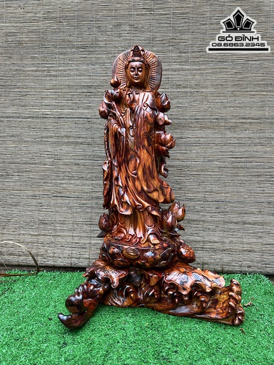 Tượng Phật Bà Tay Cầm Hoa Sen Gỗ Sưa Cao 55 Ngang 33 Sâu 25 (cm)