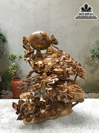 Tượng Di Lặc Tọa Đài Sen Gỗ Bách Xanh Cao 72 Ngang 56 Sâu 40 (cm)