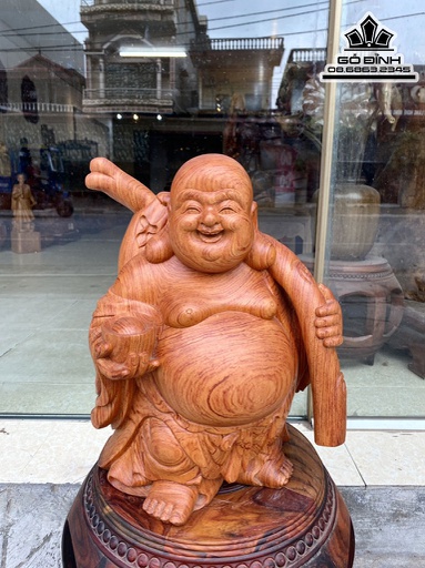 Tượng Di Lặc Vác Bao Tiền Gỗ Hương Đá Nguyên Khối Cao 38 Ngang 28 Sâu 23 (cm)