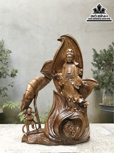 Tượng Phật Bà Đứng Đài Sen Gỗ Bách Xanh Cao 72 Ngang 51 Sâu 23 (cm)