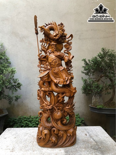 Tượng Quan Công Song Long Gỗ Bách Xanh Cao 123 Ngang 40 Sâu 26 (cm)